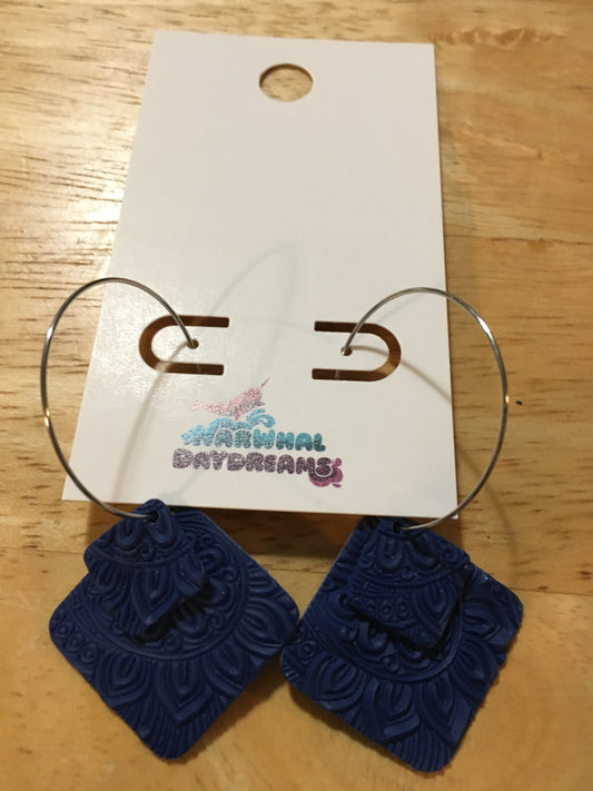 Textured navy squares on silver hoop earrings