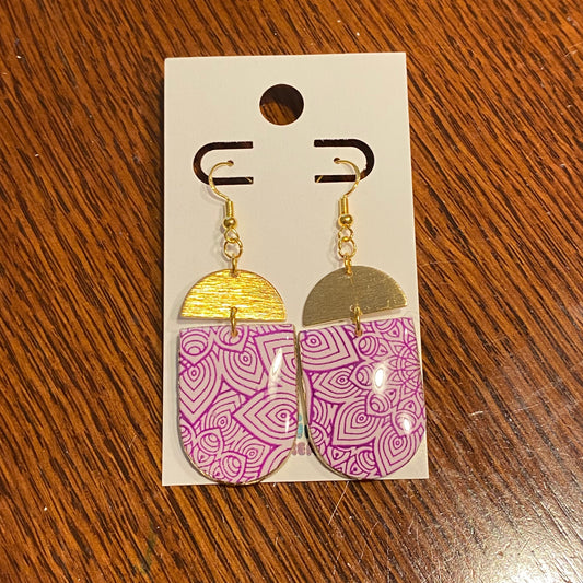 Plum, white, and gold mandala print earrings