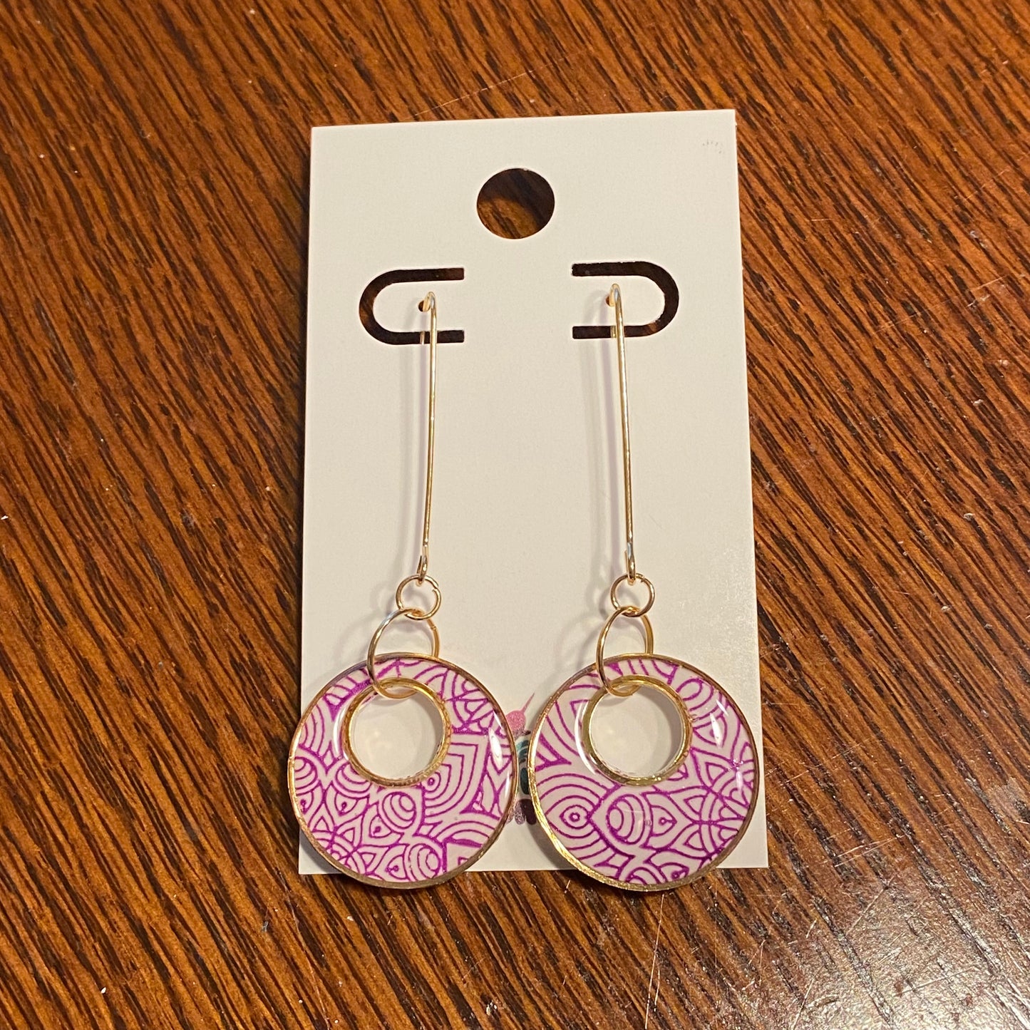 Drop plum, white and gold mandala earrings